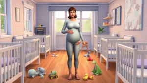 Sim character in maternity outfit standing in modern kitchen with multiple cribs and baby toys scattered around, warm lighting