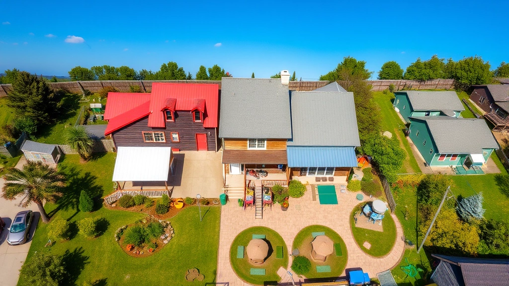 Overhead view of a large colorful house lot with multiple buildings, gardens, and playground equipment, sunny day
