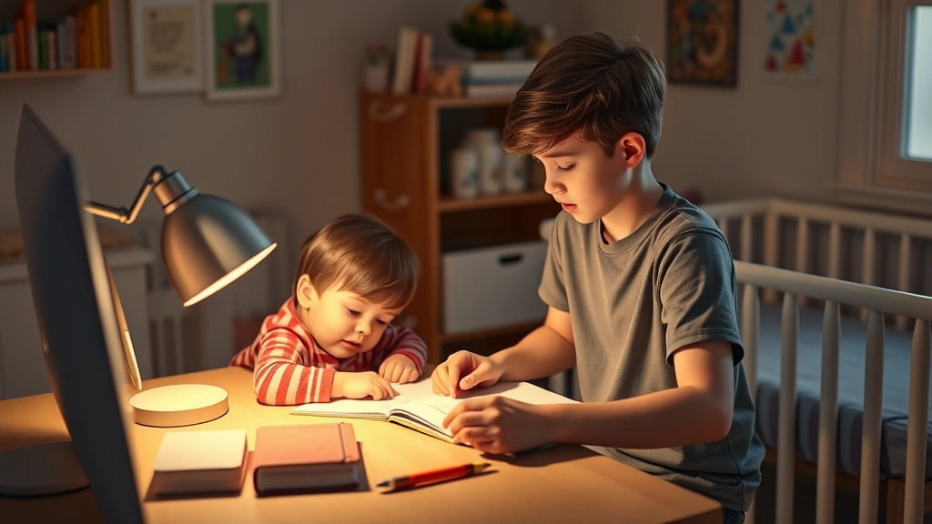 Teenage Sim helping toddler with homework at desk while infant sleeps in nearby crib, cozy bedroom setting