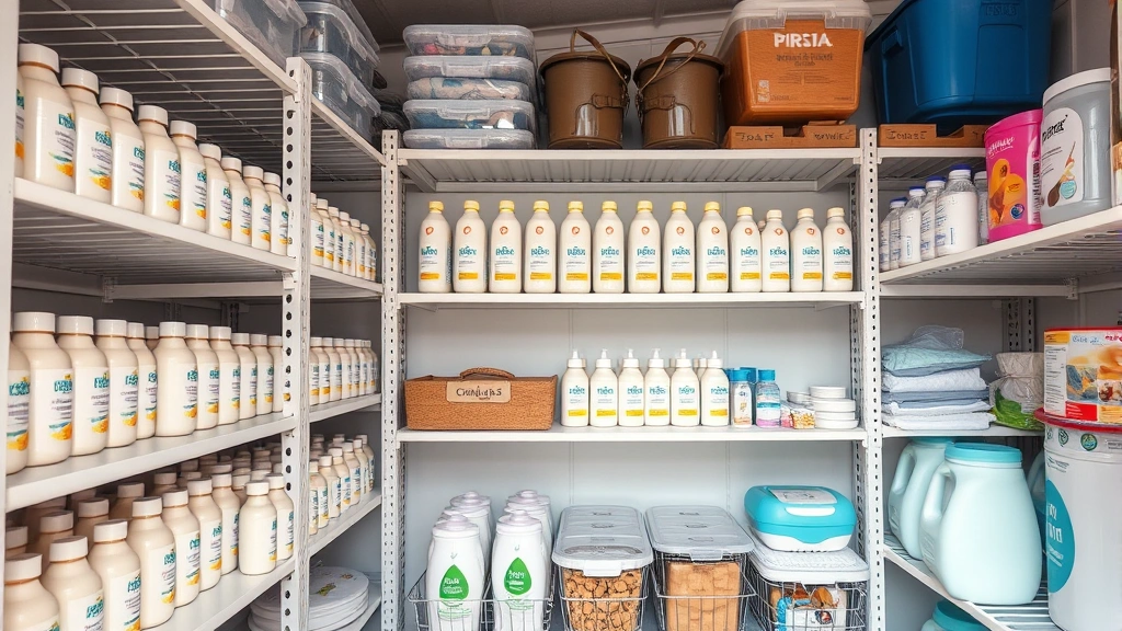 Organized storage shelves with rows of baby care product bottles neatly arranged, climate-controlled storage space, organized parenting supplies