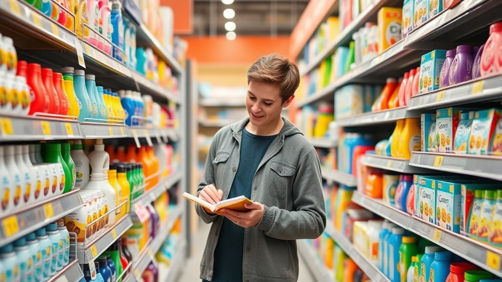 Parent comparing product prices and taking notes while shopping in baby care aisle, making informed purchasing decisions, thoughtful consumer