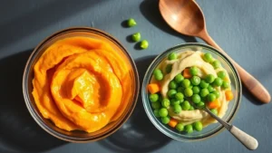 Overhead view of colorful baby food in glass bowls—pureed sweet potato, carrots, and peas in soft pastels, wooden spoon resting nearby, natural morning light