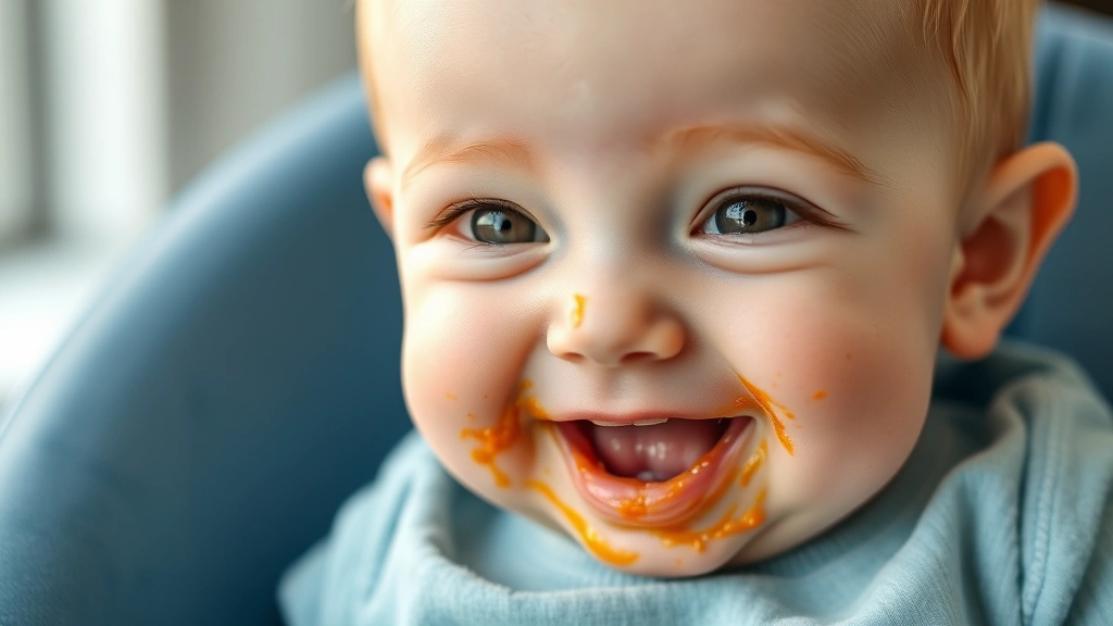 Close-up of a happy six-month-old baby experiencing first taste of solid food, messy face with food on cheeks, bright natural light, genuine joyful expression