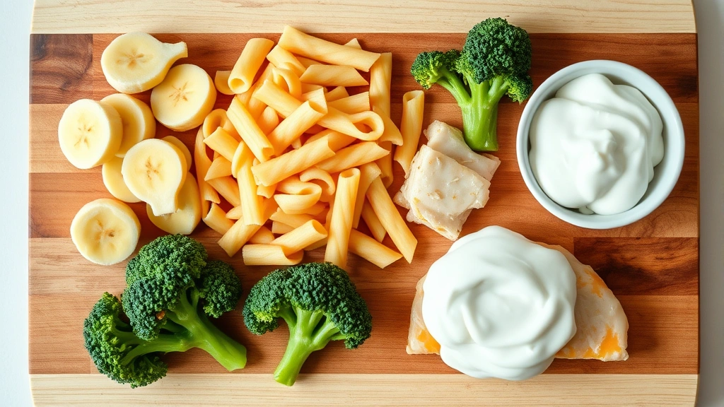 Flat lay arrangement of baby-appropriate foods: soft banana pieces, cooked pasta, flaked fish, steamed broccoli florets, yogurt dollop on wooden cutting board