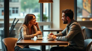 A woman and man sitting at a modern dining table having an intimate conversation over coffee, warm lighting, realistic style, showing genuine connection and communication