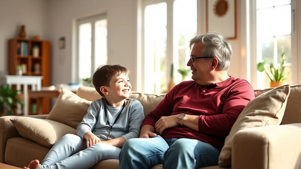 A parent and child sitting together on a comfortable couch in a modest living room, having a warm conversation with natural sunlight streaming through windows, both smiling naturally