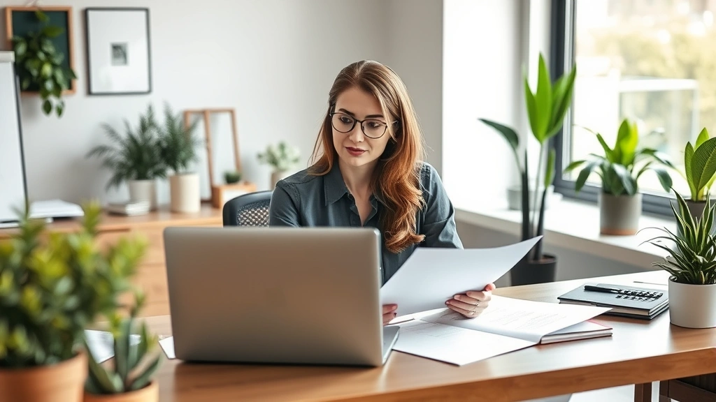 A professional woman working at a desk with laptop and documents, looking focused and confident, modern home office setting with plants and professional decor