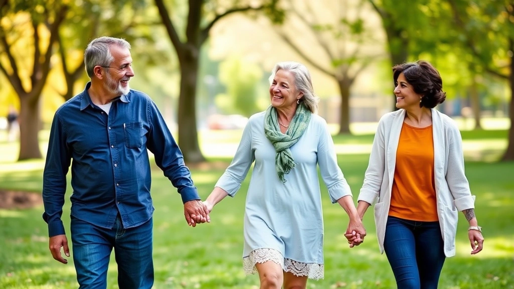A family of three walking together in a park, laughing and holding hands, diverse representation, outdoor natural setting with trees and grass, genuine candid moment