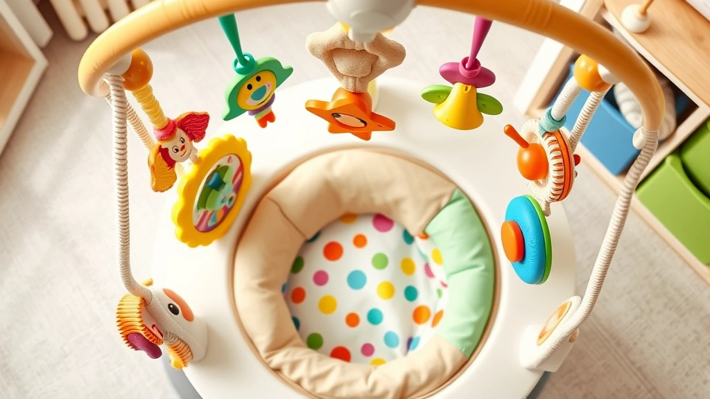 Colorful stationary activity center with multiple hanging toys, spinning wheels, and textures surrounding a padded seat, photographed from above in a bright nursery