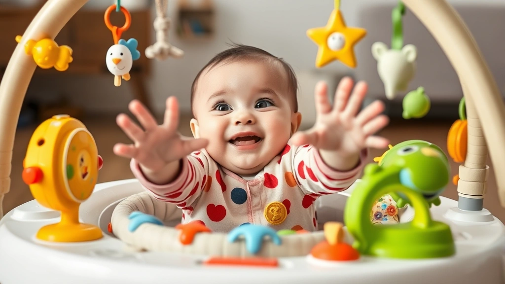 Happy baby sitting in an activity center with hands reaching toward surrounding toys, exploring textures and engaging with interactive elements