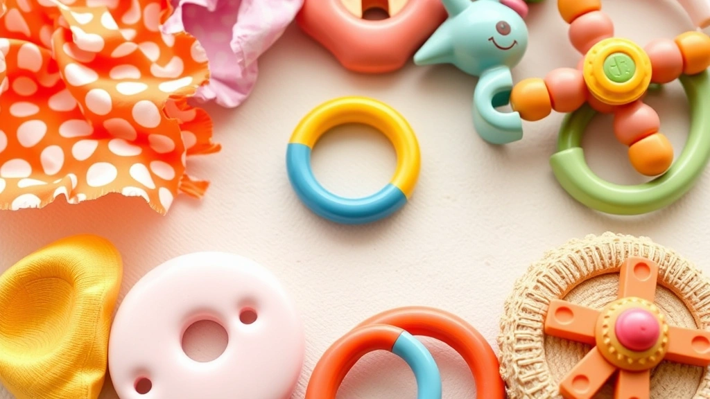 Close-up detail of various activity center toys including crinkly materials, mirrors, teething rings, spinning wheels, and textured surfaces arranged in a circle