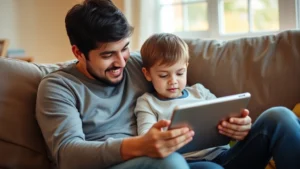 Parent and young child sitting together on a comfortable couch, child using a tablet with engaged expression, warm natural lighting from window, cozy home environment