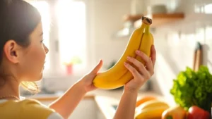 Parent holding ripe banana and examining it closely in bright kitchen, natural sunlight streaming through window, fresh produce on counter