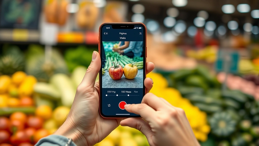 Hands holding smartphone showing ripeness detection app interface with fruit photo, grocery store produce section background blurred