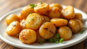 Close-up of golden-brown baby potatoes fresh from air fryer, steam rising, served on white ceramic plate with fresh herb garnish