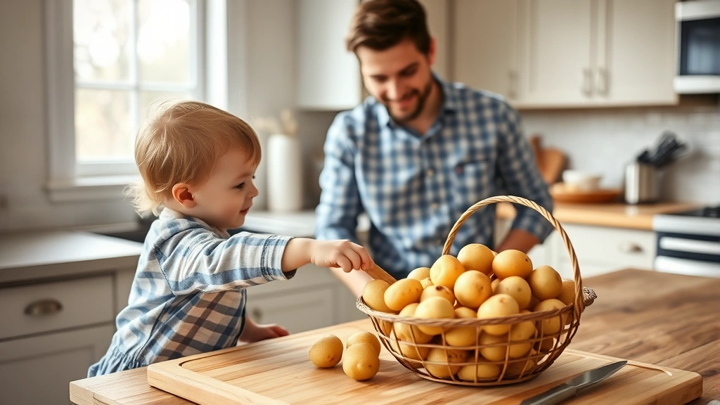 Parent and toddler at kitchen counter, child reaching toward basket of cooked baby potatoes on cutting board, natural kitchen lighting
