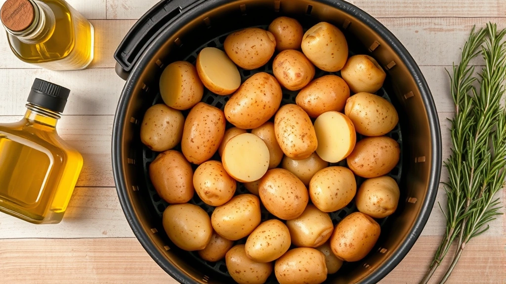 Overhead flat lay of prepared baby potatoes in air fryer basket before cooking, with olive oil bottle and fresh rosemary sprigs nearby