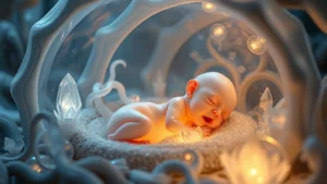 A newborn extraterrestrial creature with translucent skin in an alien nursery pod, surrounded by bioluminescent flora and crystalline structures, soft ethereal lighting