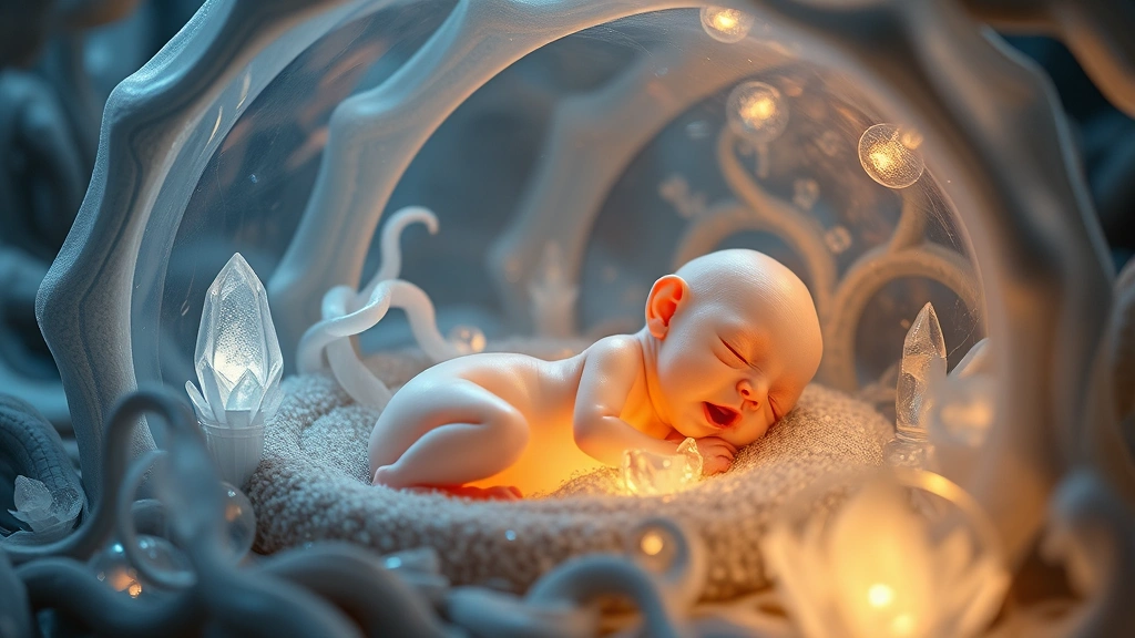 A newborn extraterrestrial creature with translucent skin in an alien nursery pod, surrounded by bioluminescent flora and crystalline structures, soft ethereal lighting