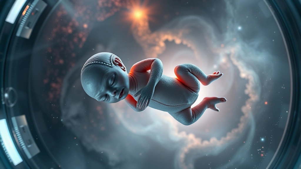 An alien infant floating in a zero-gravity chamber filled with swirling nebula-colored gases, with protective membranes and developing sensory organs visible
