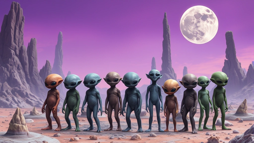 A diverse group of young alien beings at different developmental stages in an otherworldly landscape with purple skies, strange rock formations, and dual moons visible overhead