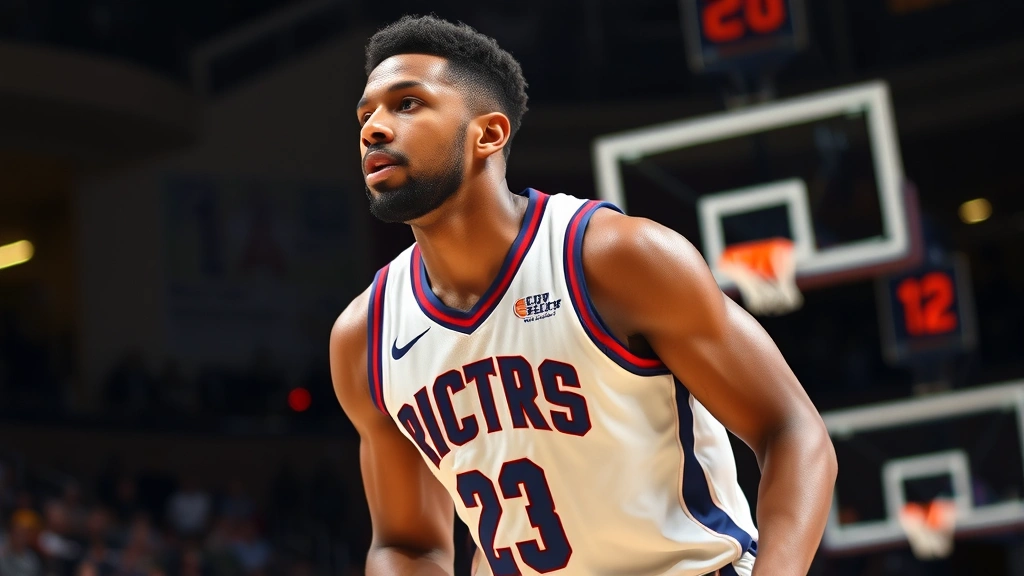 Professional basketball player in team uniform during a game, focused expression, indoor arena lighting, dynamic athletic pose