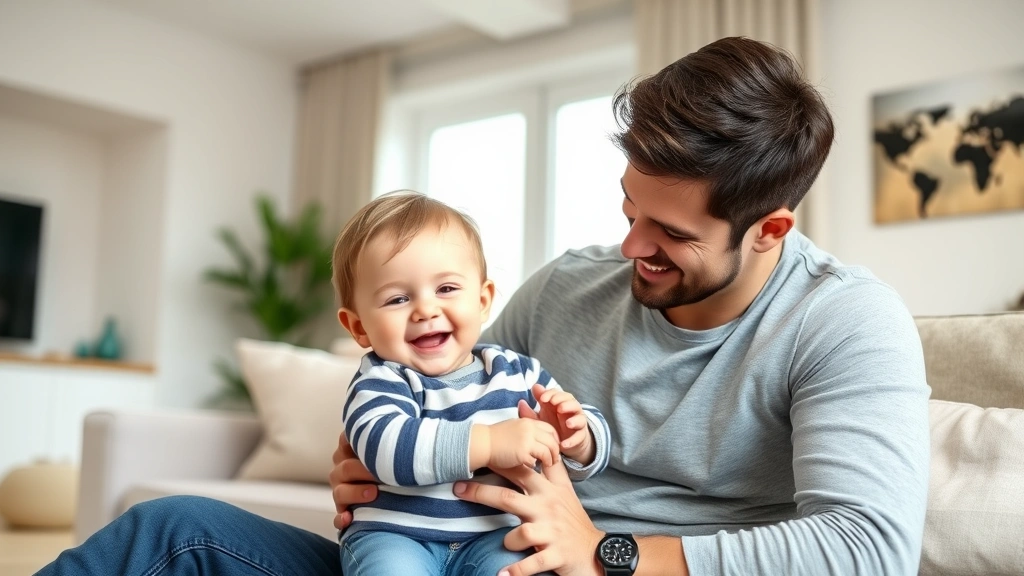Young father playing with toddler in modern home living room, genuine smiling interaction, natural window lighting, warm family moment