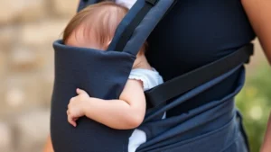 Close-up of a parent's torso wearing a high-quality fabric baby carrier with a sleeping infant positioned in proper M-seat posture, soft natural lighting, showing comfort and closeness