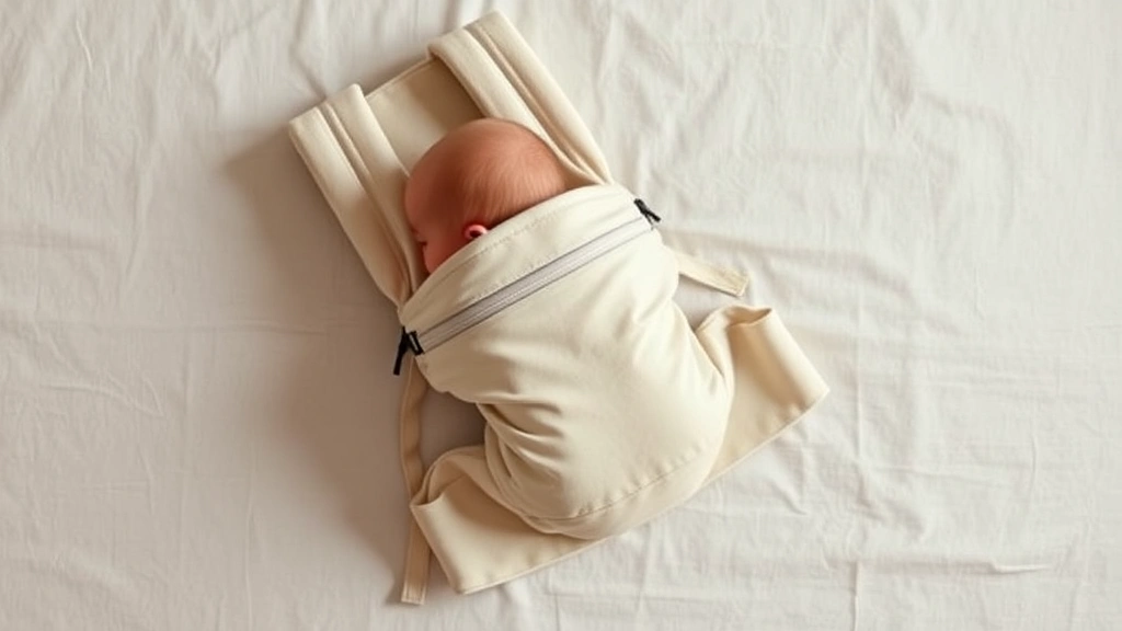 Overhead flat-lay photography of premium baby carrier in neutral tones with organic cotton fabric texture visible, minimalist composition, natural daylight