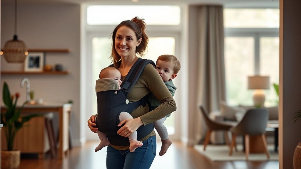 Parent walking through a modern home interior wearing a structured baby carrier with toddler, both appear comfortable and relaxed, warm ambient lighting, lifestyle photography