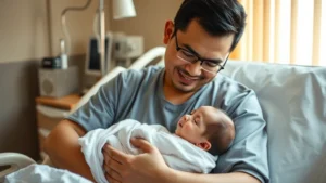 Asian father gently holding newborn baby boy in hospital room, warm natural lighting, tender moment, peaceful expression