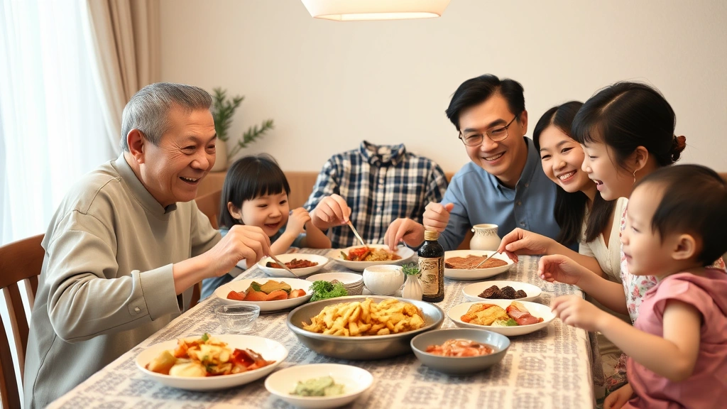 Multi-generational Asian family sharing meal together at dining table, grandparents, parents, and young children, joyful gathering, traditional dishes visible