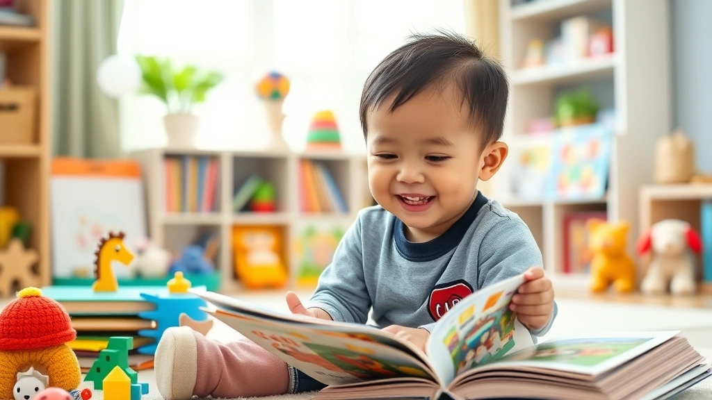 Young Asian toddler boy playing with diverse toys and books, bright playroom, engaged and happy, culturally diverse children's books and toys visible