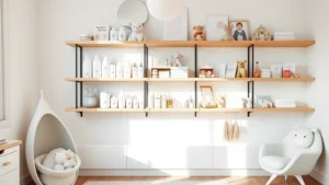 Modern nursery with organized shelves displaying various baby products, toys, and essentials in natural light, minimalist aesthetic