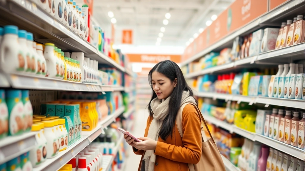 Shopping scene with parent examining baby products on store shelves, thoughtfully comparing items, bright retail environment