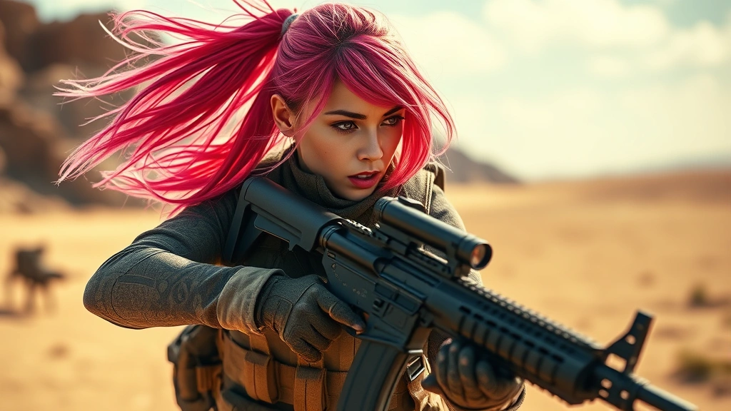 A young woman with pink hair in combat stance, wearing tactical gear, desert island background, dramatic action pose