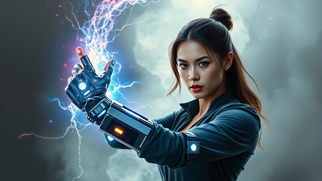 A woman transforming her arm into a mechanical weapon, glowing energy effect, determined expression, abstract background