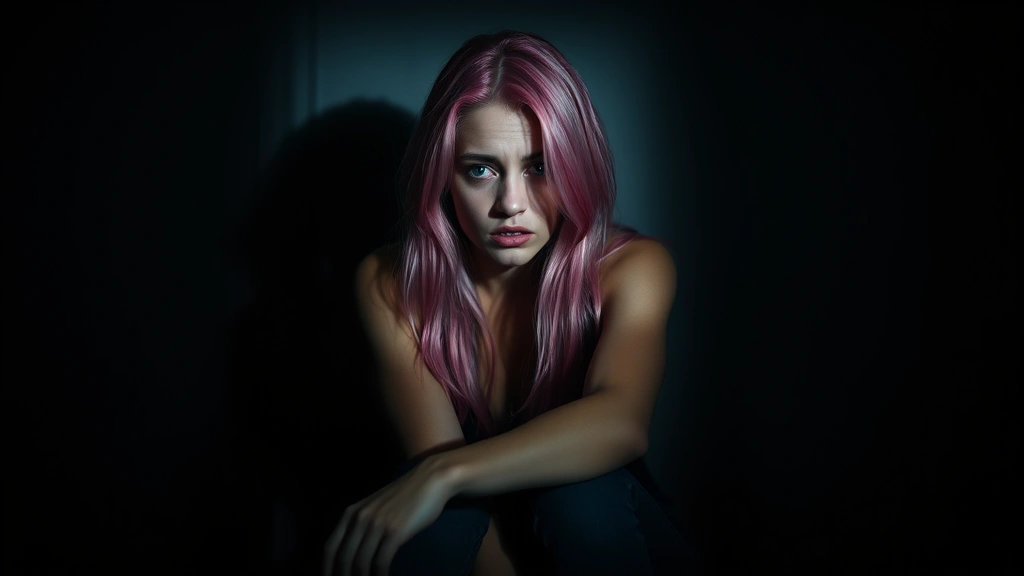 A woman with pink hair sitting alone in shadow, looking conflicted and emotional, introspective pose, moody lighting
