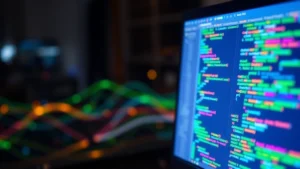 A glowing computer monitor displaying abstract digital patterns and colorful code streams, representing artificial intelligence technology and digital creation process