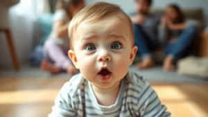 Candid toddler with expressive face making surprised expression, sitting on wooden floor with soft natural lighting and blurred family background