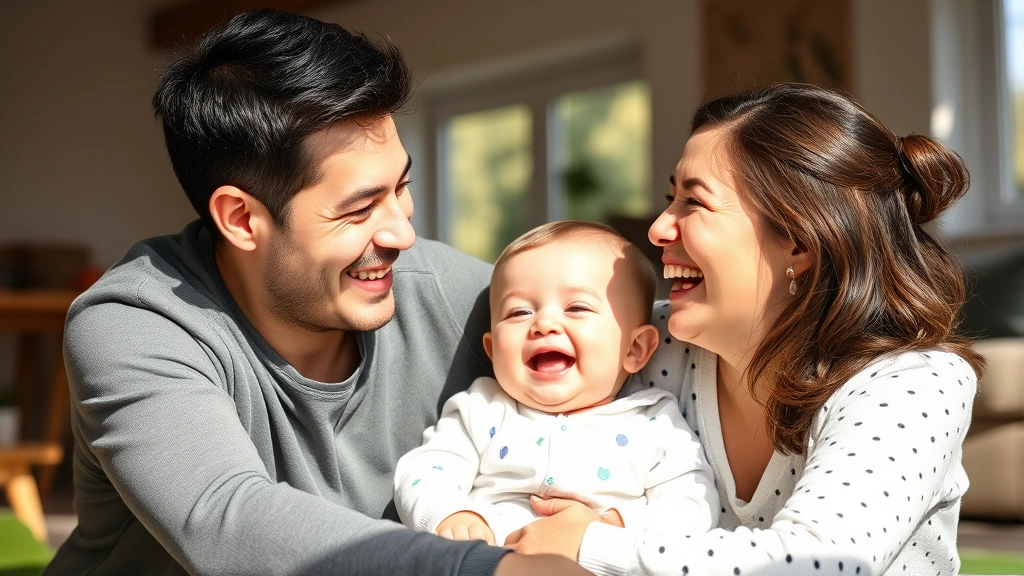 Parent and baby laughing together during genuine playtime moment, warm indoor setting with sunlight streaming through windows, authentic joy