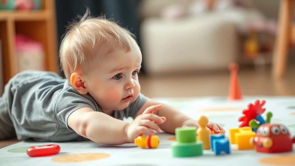 Infant exploring world with curious wonder, reaching toward colorful toys on soft play mat, genuine developmental moment captured naturally