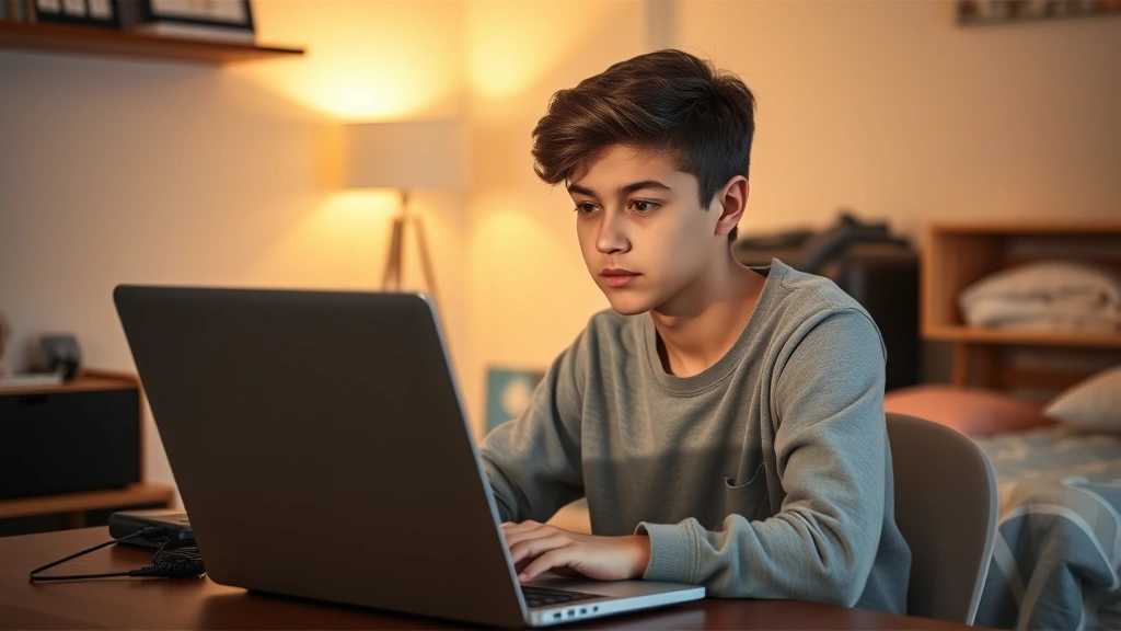 A teenager sitting at a desk with a laptop, looking thoughtful while chatting with friends online, warm bedroom lighting, natural expression, no text or numbers visible