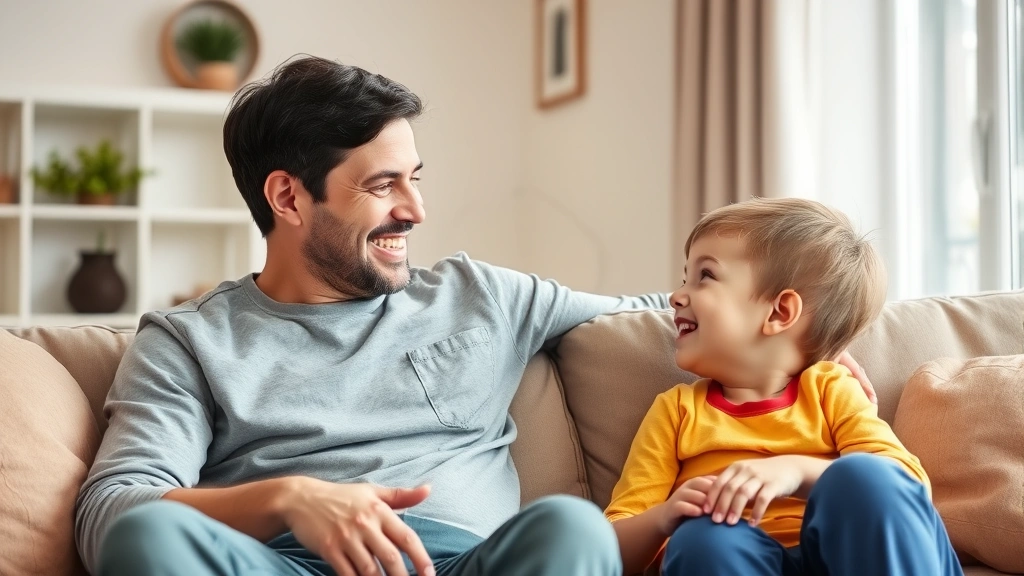 Parent and child having a friendly conversation in a living room, both smiling and relaxed, sitting on a couch, natural daylight from window, genuine interaction