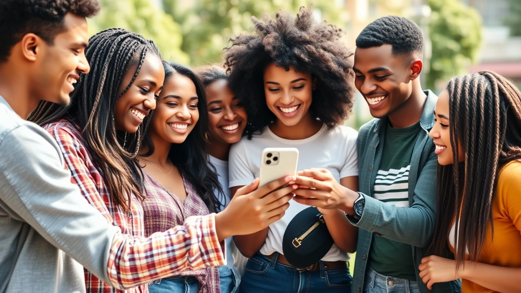 Group of diverse young people gathered together laughing and looking at a smartphone screen, casual outdoor setting, bright natural lighting, authentic candid moment