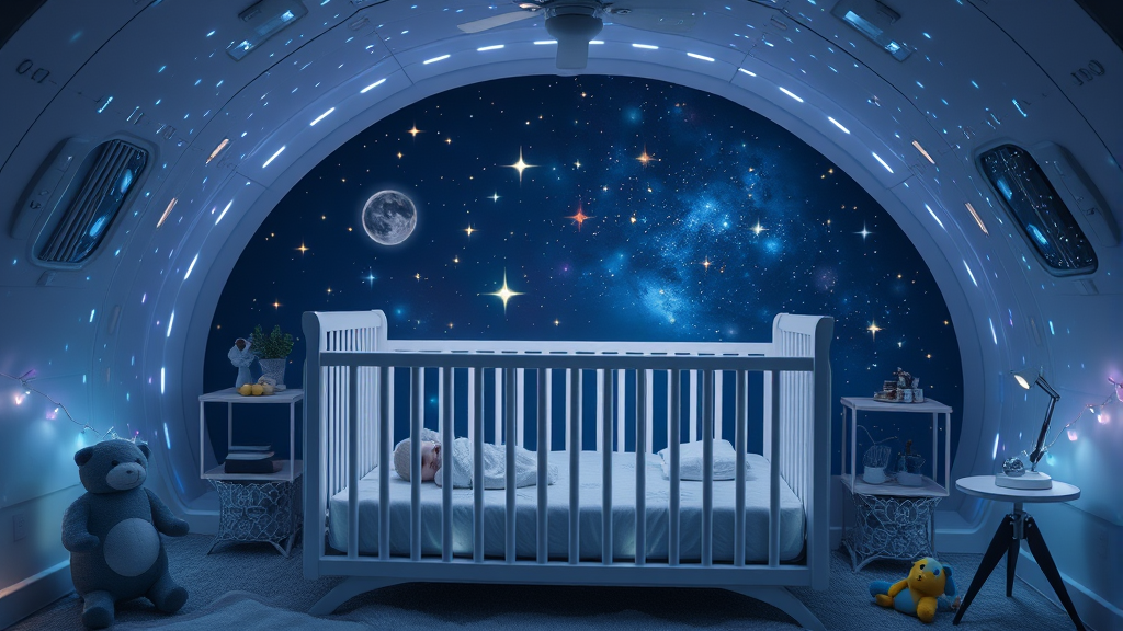 Cozy crib surrounded by soft glowing LED lights creating spaceship atmosphere with star projections and cosmic decor no text no words no letters