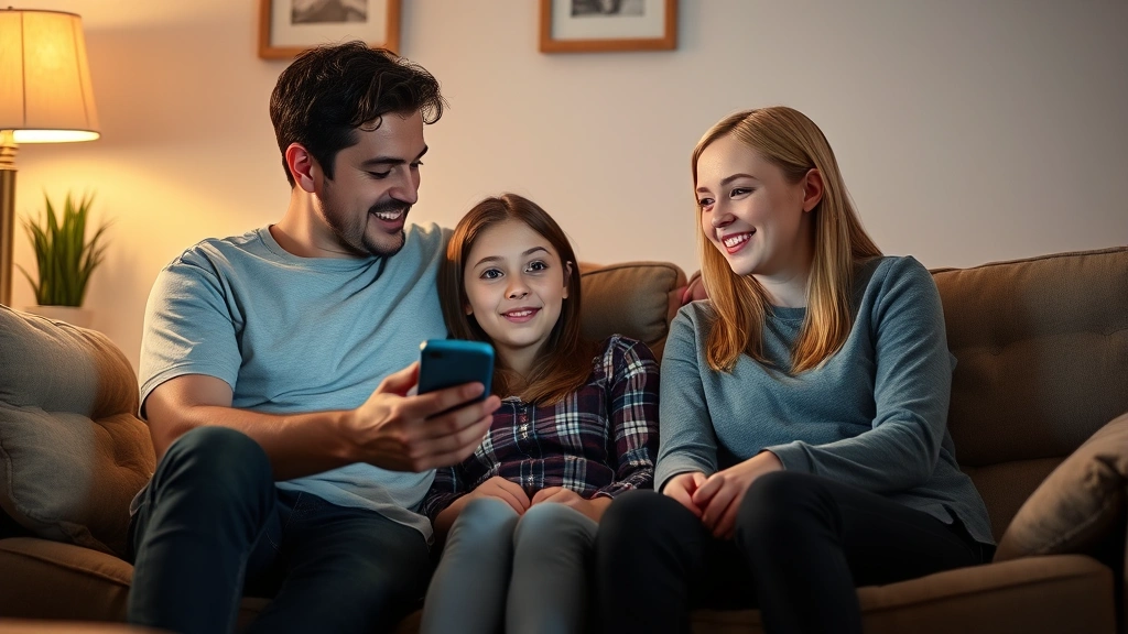 A parent and teenager sitting together on a couch having a calm, engaged conversation about a smartphone, warm lighting, comfortable home setting, natural expressions of communication