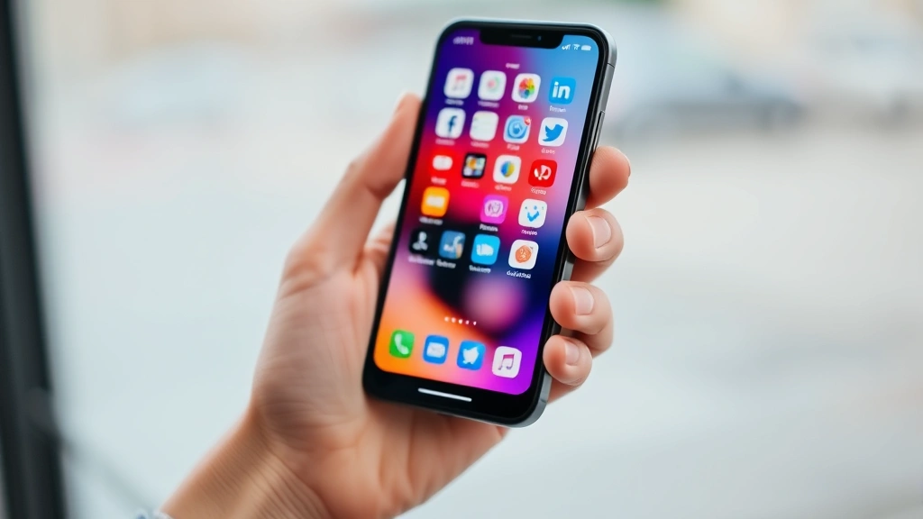 Close-up of hands holding a smartphone showing social media apps, colorful interface, blurred background, representing digital connectivity and online platforms