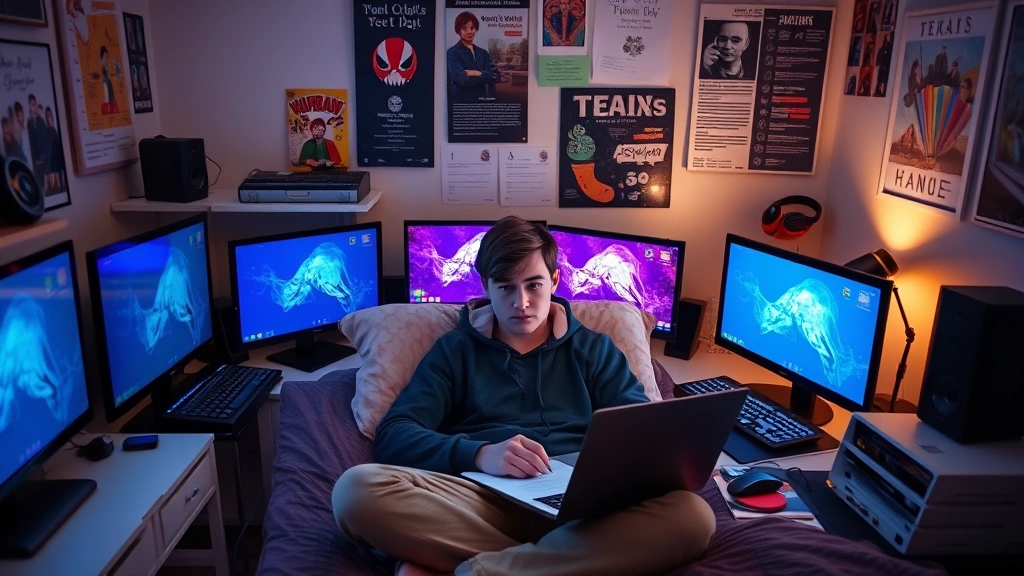 A teenager in a bedroom surrounded by multiple screens and devices, studying or working, thoughtful expression, modern room with posters and comfortable setup