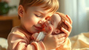 Child gently holding interactive baby doll, warm lighting, nurturing expression, soft pastel colors, no text no words no letters